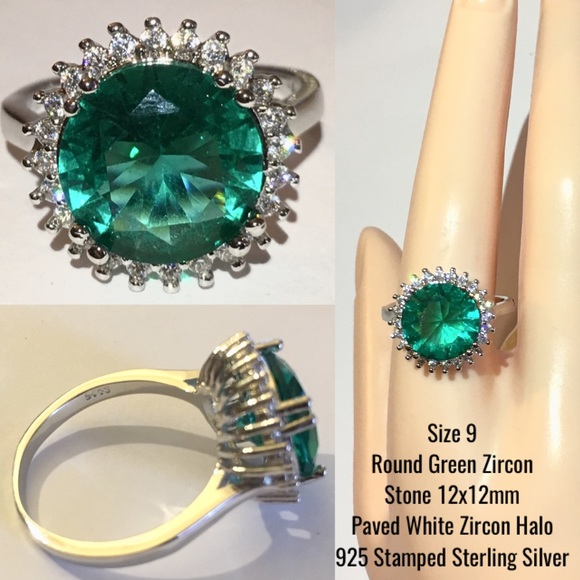 Fine Emerald Zircon 925 Silver Halo Cocktail Ring - Picture 2 of 4